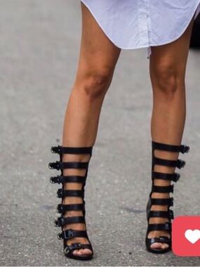 Aquazzura Buckle Strap Heels Black Leather 37Block Heel Sandals Gladiator Style